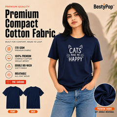 Cat Lover's Round Neck T-Shirts For Women - Happy Cats - (170 GSM) single jersey