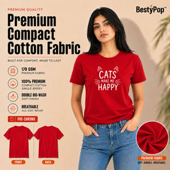 Cat Lover's Round Neck T-Shirts For Women - Happy Cats - (170 GSM) single jersey