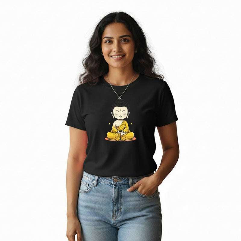 BestyPop Women’s Graphic Print Round Neck T-Shirt- Buddha (170 GSM single jersey)