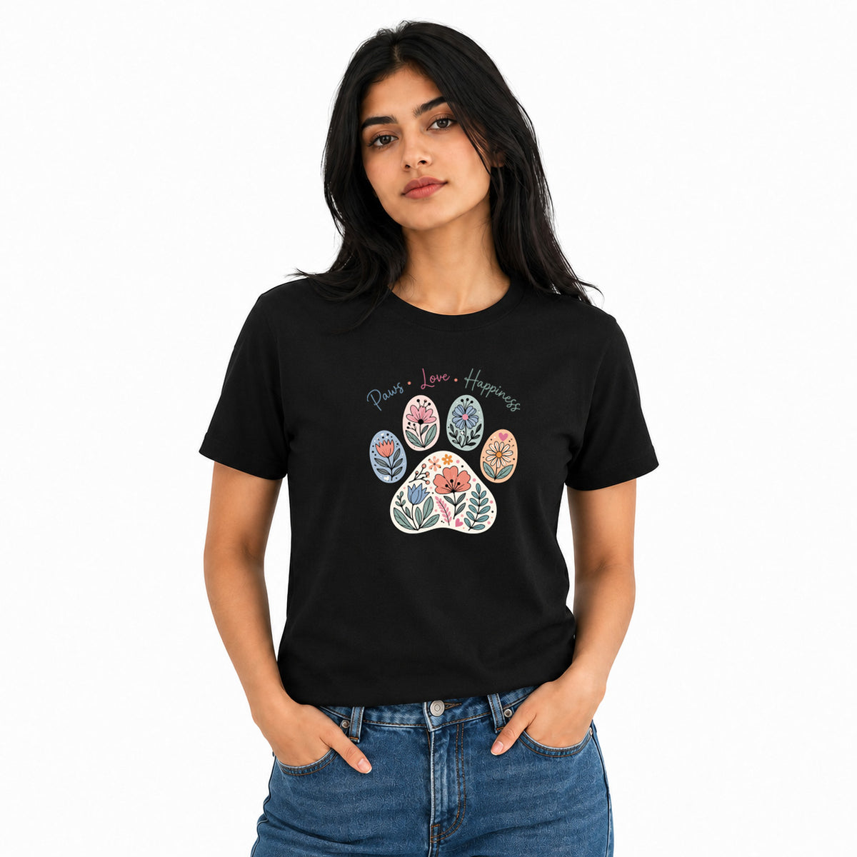Dog Lover's Round Neck T-Shirts For Women - Paws Love Happiness - (170 GSM) single jersey