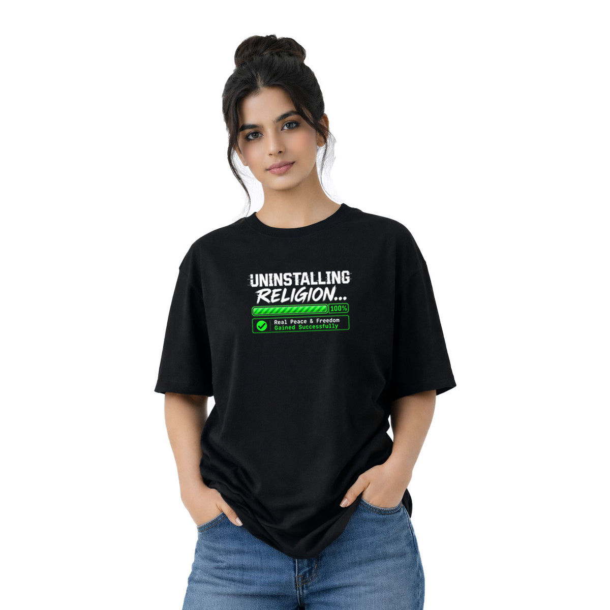 Freethinker | Arif Women's Uninstalling Religion  Crew neck Oversized T-Shirt - (225 GSM heavyweight fabric)