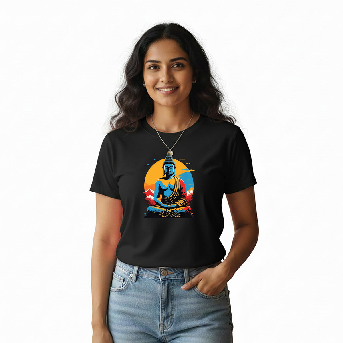 BestyPop Women’s Graphic Print Round Neck T-Shirt- Buddha (170 GSM single jersey)