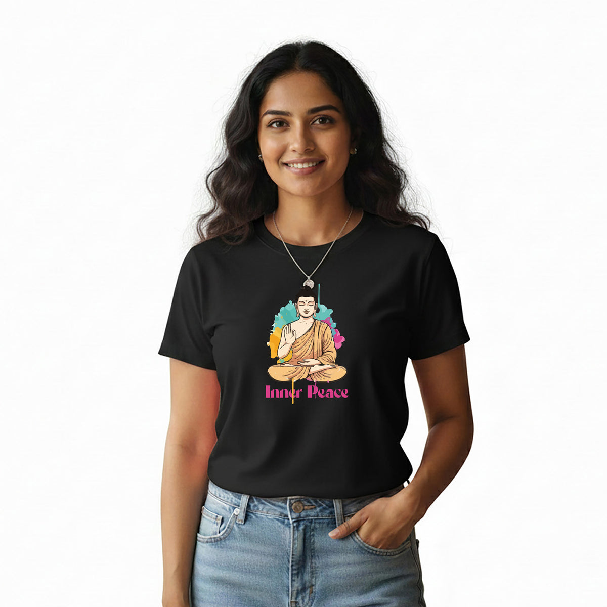 BestyPop Women’s Graphic Print Round Neck T-Shirt- Buddha (170 GSM single jersey)