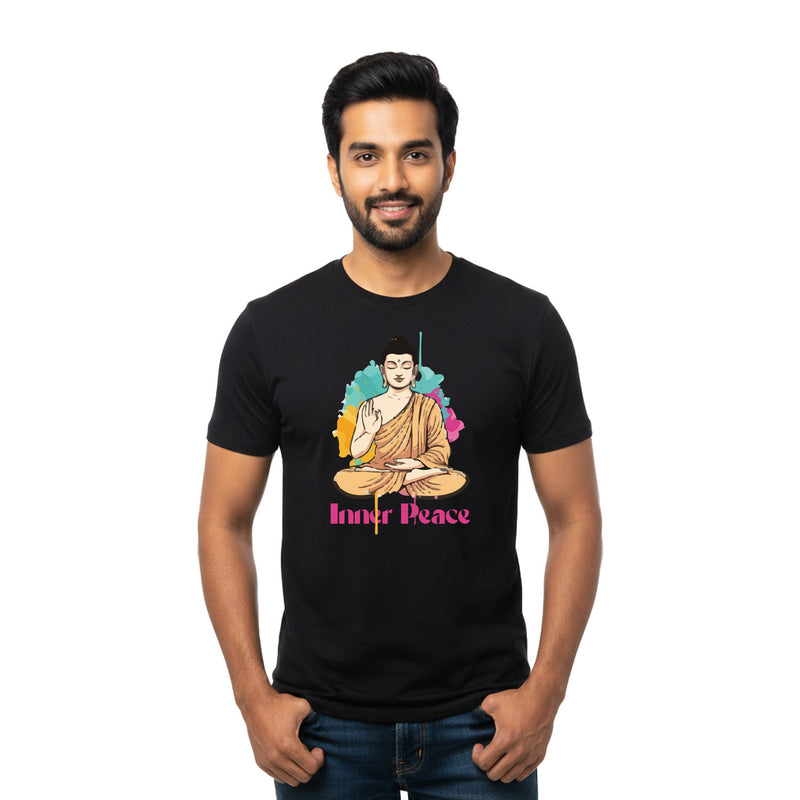 BestyPop Men’s Graphic Print Round Neck T-Shirt- Buddha (170 GSM single jersey)