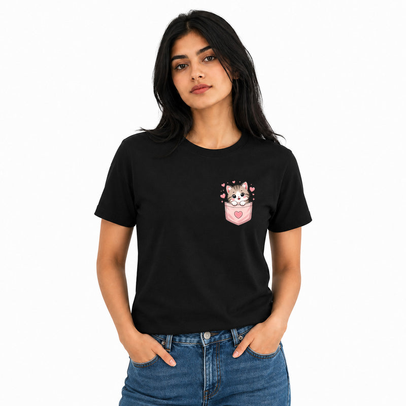 Cat Lover's Round Neck T-Shirts For Women - Meow - (170 GSM) single jersey