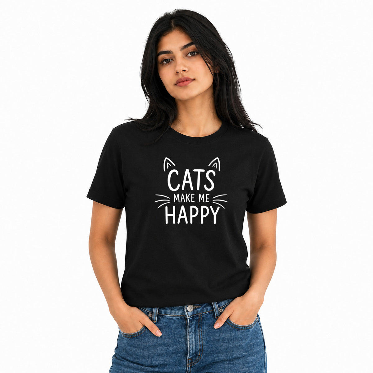 Cat Lover's Round Neck T-Shirts For Women - Happy Cats - (170 GSM) single jersey