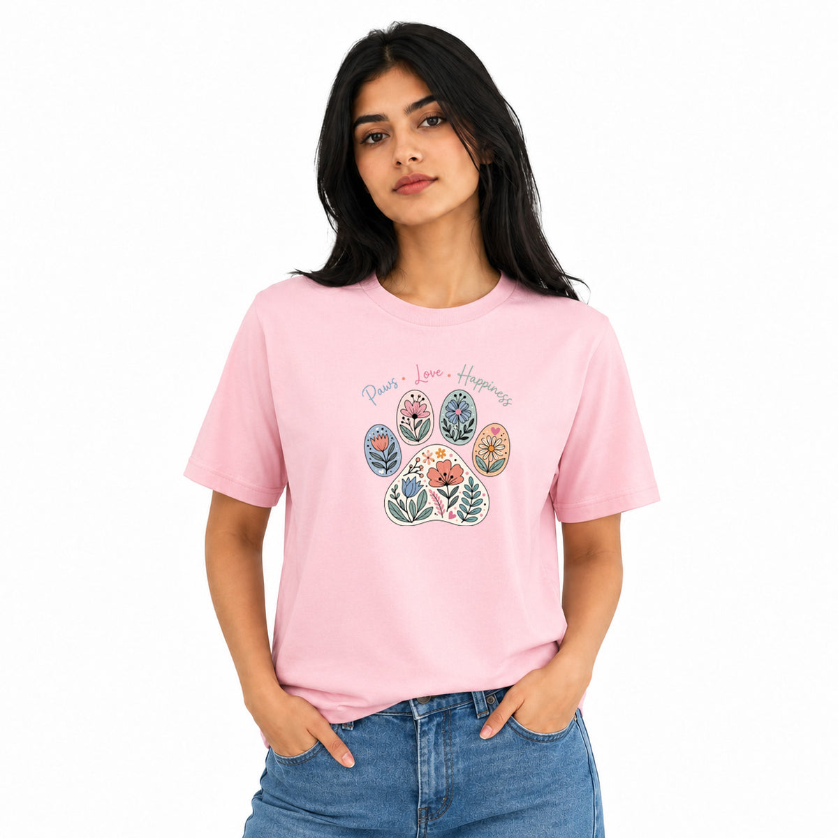 Dog Lover's Round Neck T-Shirts For Women - Paws Love Happiness - (170 GSM) single jersey