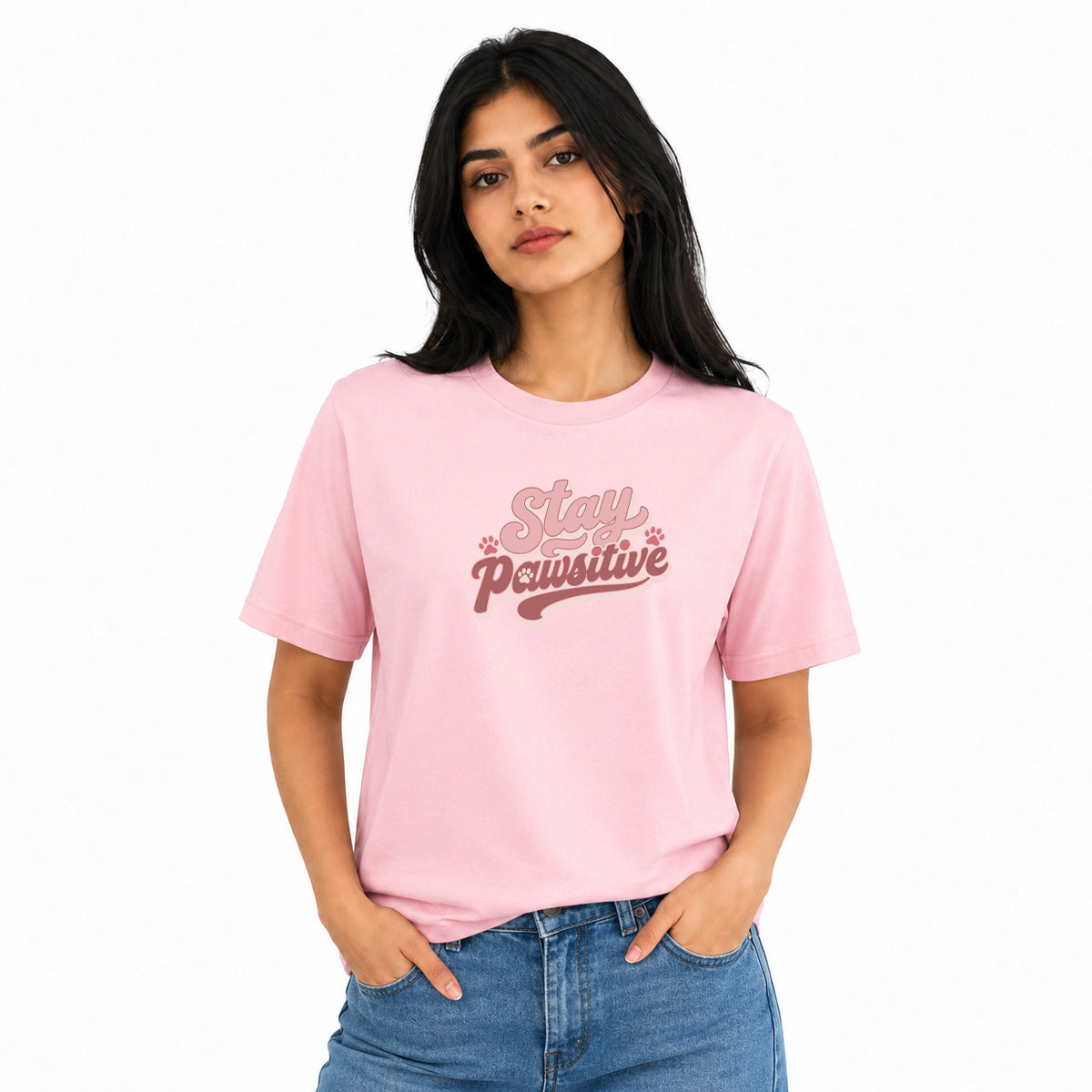 Dog Lover's Round Neck T-Shirts For Women - Stay Pawsitive - (170 GSM) single jersey