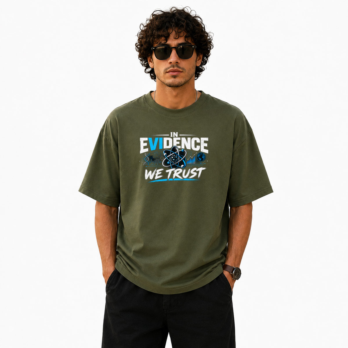 Freethinker | Arif Men's Evidence We Trust Crew neck Oversized T-Shirt - (225 GSM heavyweight fabric)