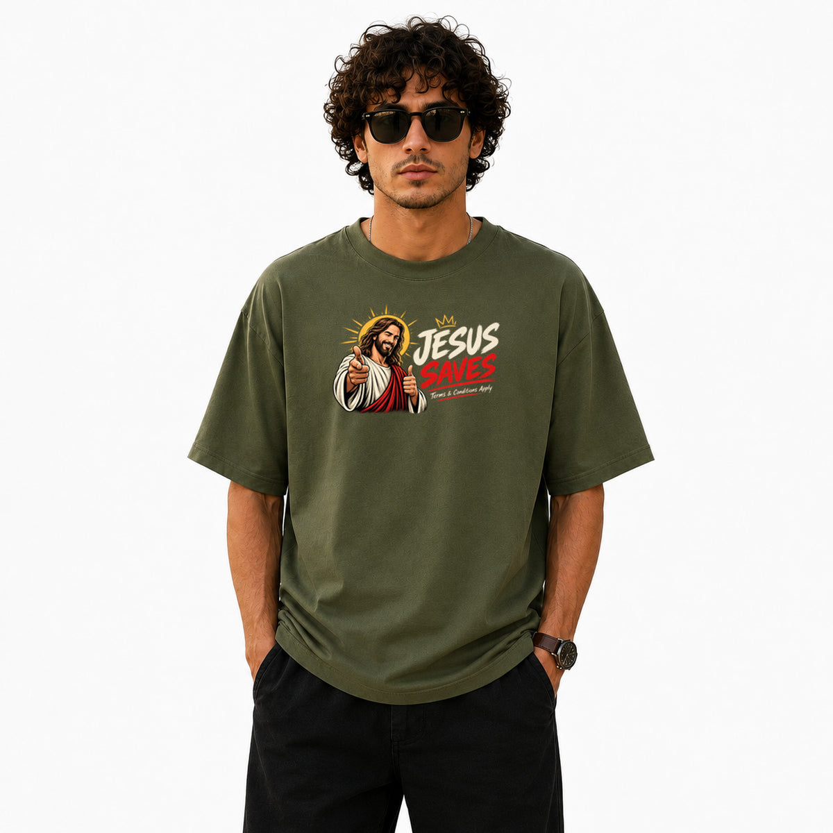 Freethinker | Arif Men's Jesus Save Us Crew neck Oversized T-Shirt - (225 GSM heavyweight fabric)