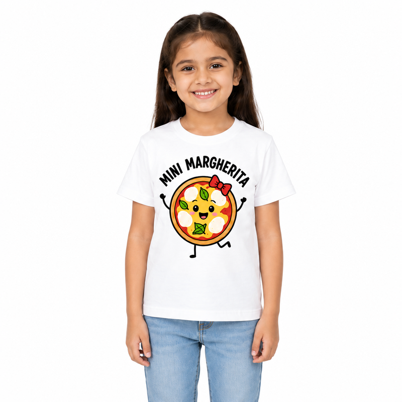Pizza Family Matching Round Neck T-Shirt for Daughter –Mini Margherita- (170 GSM) single jersey