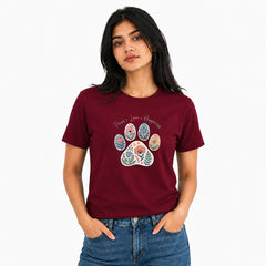 Dog Lover's Round Neck T-Shirts For Women - Paws Love Happiness - (170 GSM) single jersey