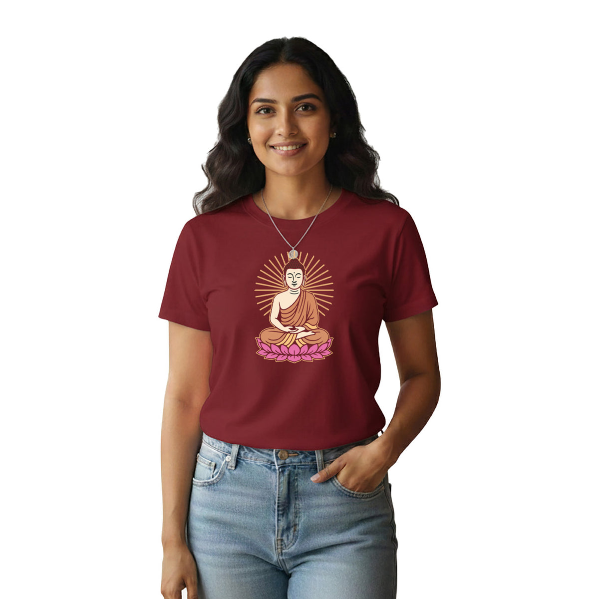 BestyPop Women’s Graphic Print Round Neck T-Shirt- Buddha (170 GSM single jersey)