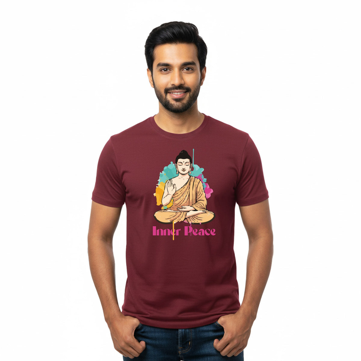 BestyPop Men’s Graphic Print Round Neck T-Shirt- Buddha (170 GSM single jersey)