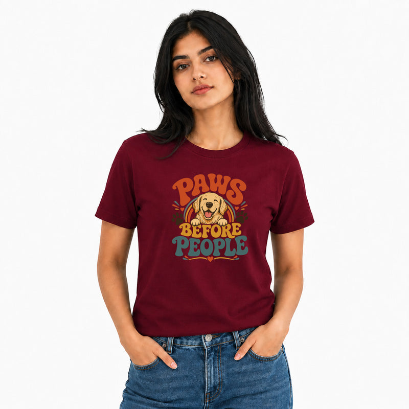 Dog Lover's Round Neck T-Shirts For Women - Happy Paws - (170 GSM) single jersey