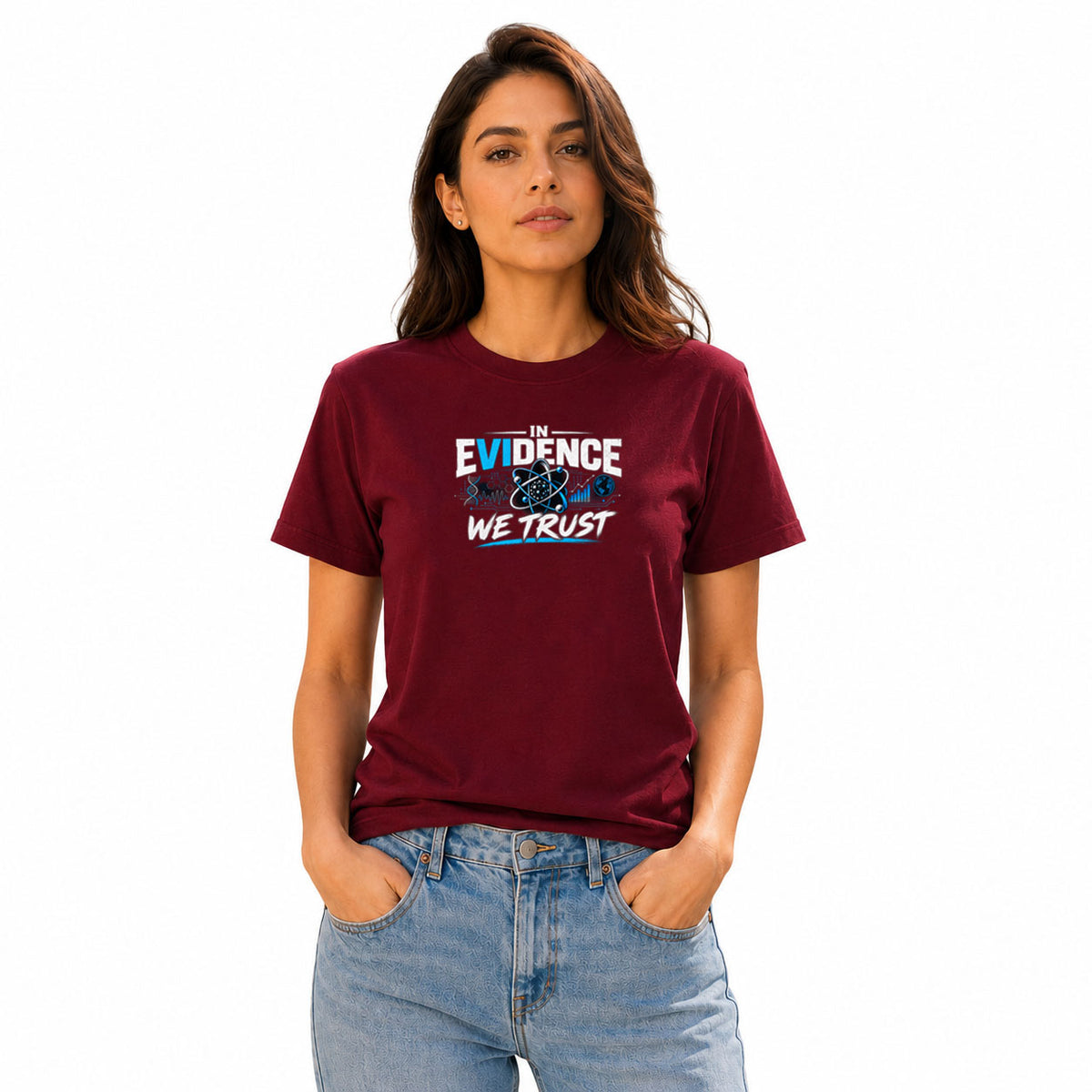 Freethinker | Arif Women's Evidence We Trust Crew Neck T-Shirt - (170 GSM single jersey)