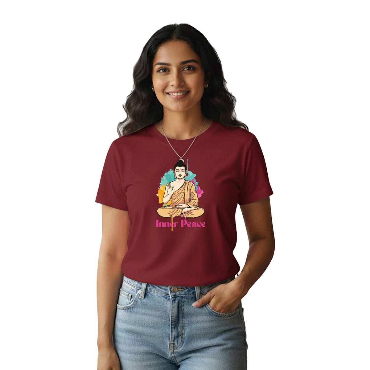BestyPop Women’s Graphic Print Round Neck T-Shirt- Buddha (170 GSM single jersey)