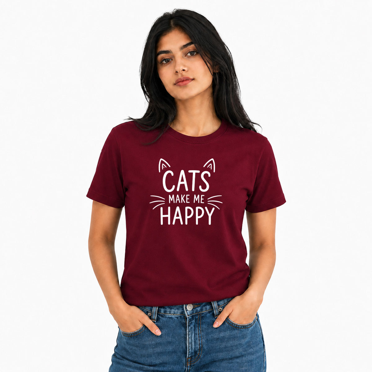 Cat Lover's Round Neck T-Shirts For Women - Happy Cats - (170 GSM) single jersey