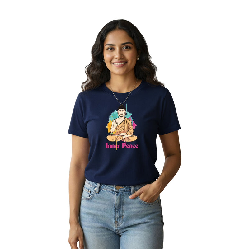 BestyPop Women’s Graphic Print Round Neck T-Shirt- Buddha (170 GSM single jersey)