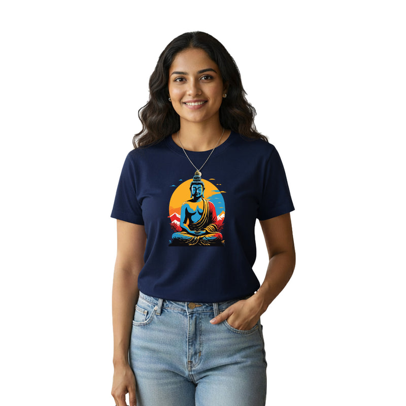 BestyPop Women’s Graphic Print Round Neck T-Shirt- Buddha (170 GSM single jersey)