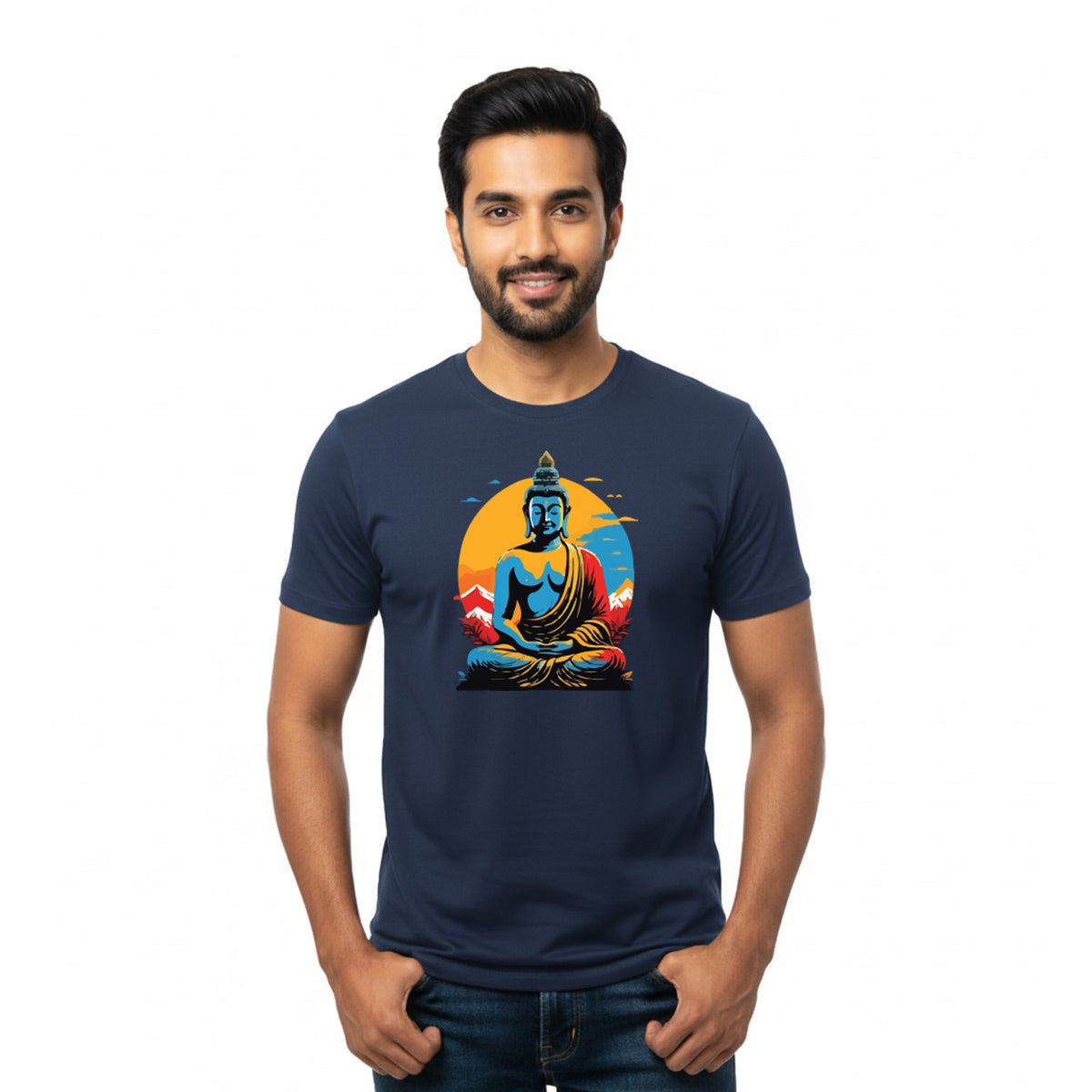 BestyPop Men’s Graphic Print Round Neck T-Shirt- Buddha (170 GSM single jersey)
