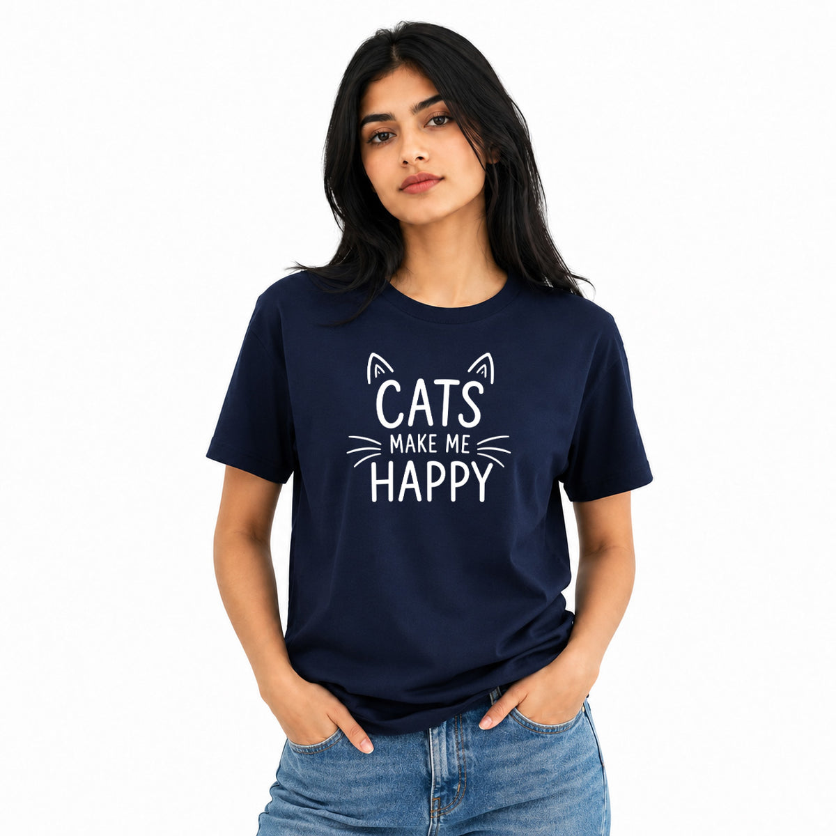 Cat Lover's Round Neck T-Shirts For Women - Happy Cats - (170 GSM) single jersey