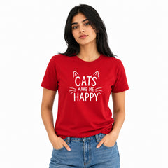 Cat Lover's Round Neck T-Shirts For Women - Happy Cats - (170 GSM) single jersey