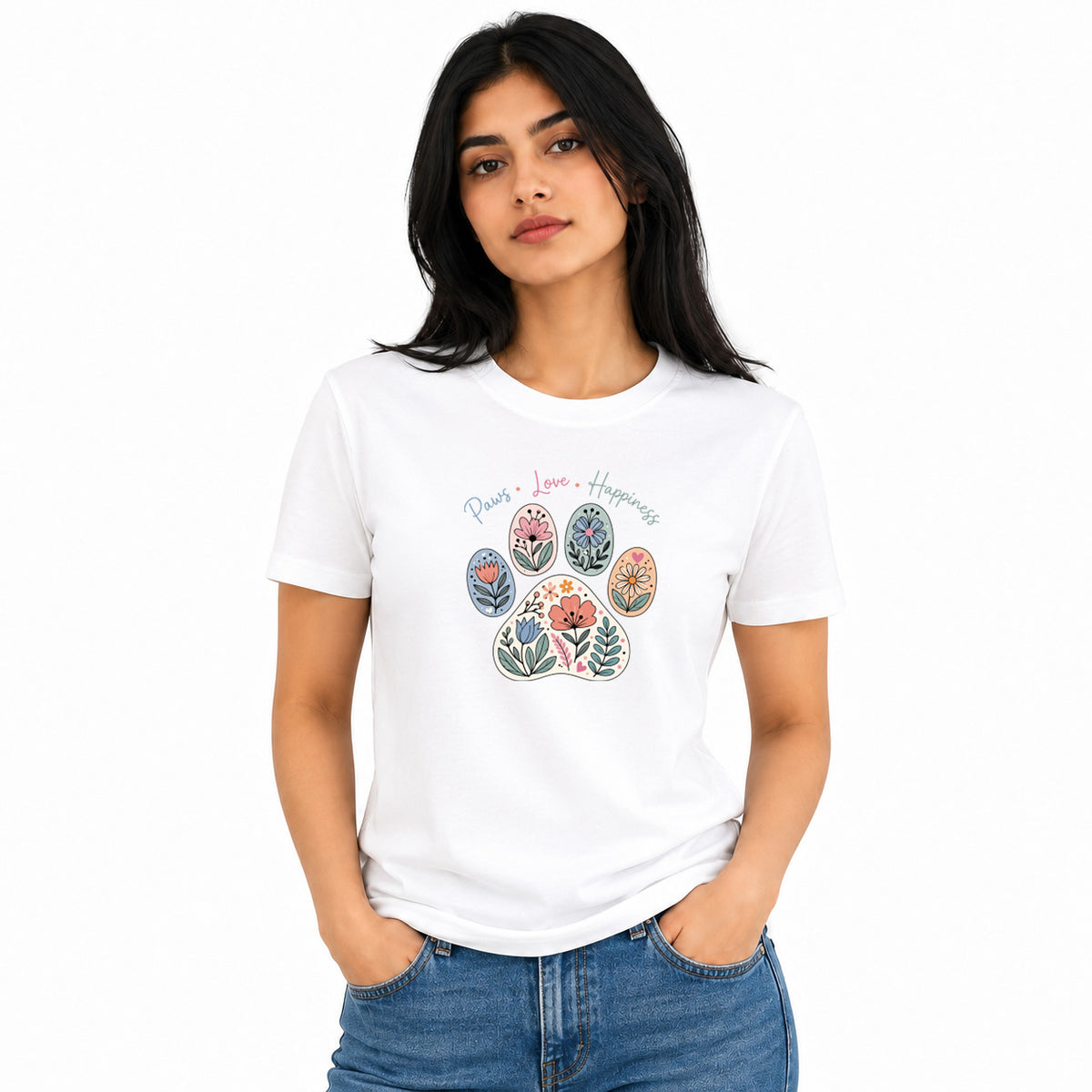 Dog Lover's Round Neck T-Shirts For Women - Paws Love Happiness - (170 GSM) single jersey