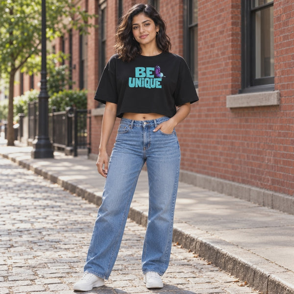 BestyPop Women’s Oversized Half Sleeve Crop Top - Be Unique (220 GSM Interlock Fabric) - 3-second front print video