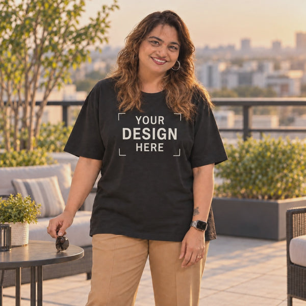 Black women's oversized crew-neck T-shirt customization — YOUR DESIGN HERE to BELIEVE, rooftop, 8 seconds