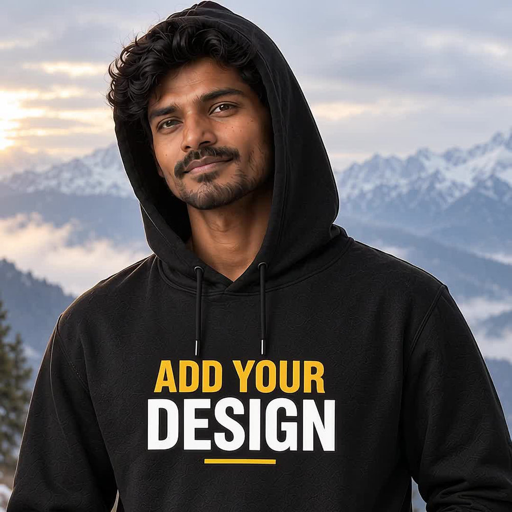 Men's custom hoodie: model first, Himalaya scenery, finished back print