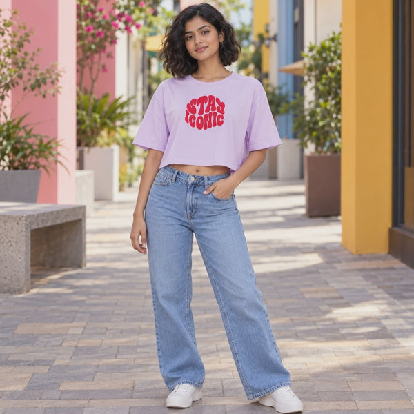 BestyPop Women’s Oversized Half Sleeve Crop Top - Stay Iconic (220 GSM Interlock Fabric) - 3-second front print video